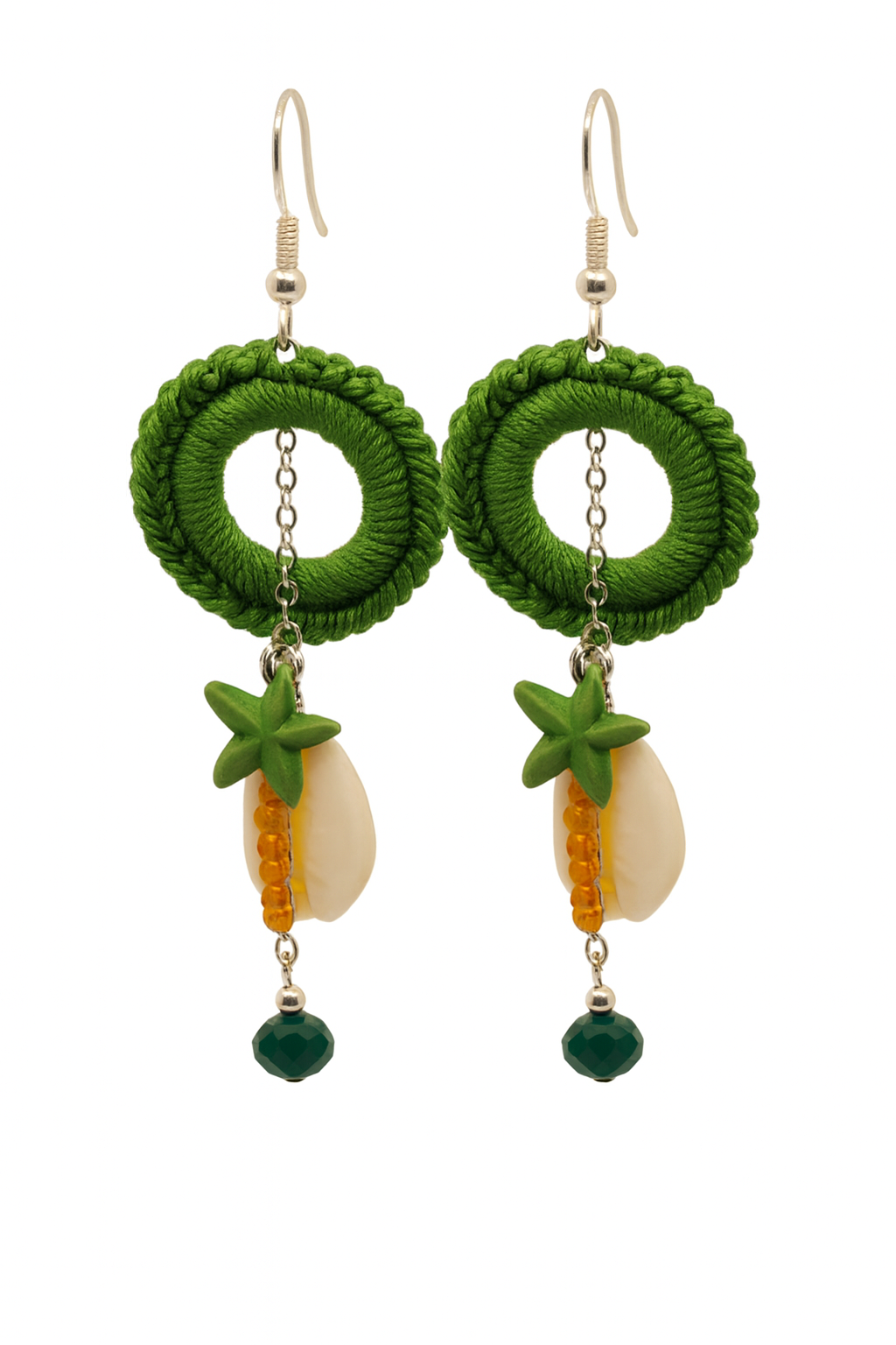Palmora Earrings - Handmade Green Crochet Hoops with Annebeads, Cowrie ...